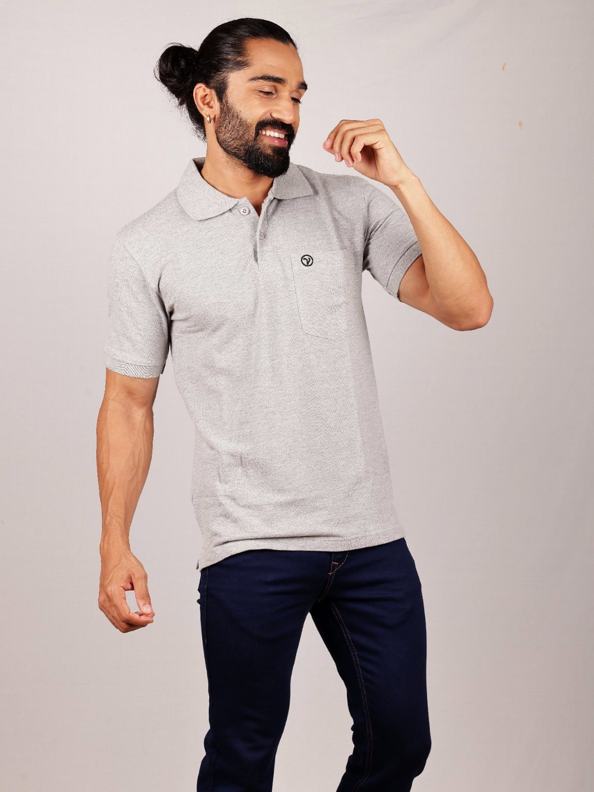 A model in a Viswak grey cotton polo — everyday comfort