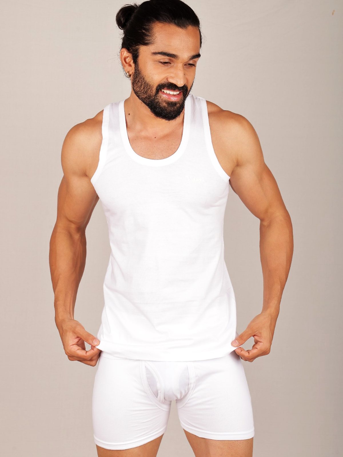A model in classic white Viswak cotton vest and trunk — premium inner wear made in Perundurai